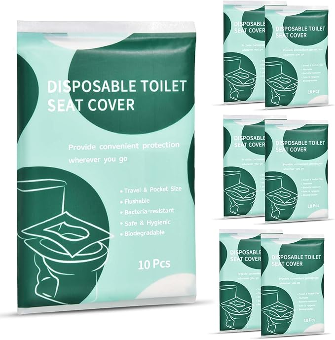 60 Pcs Disposable Flushable Paper Toilet Seat Covers Travel Supplies Essentials for Airplane, Public Restrooms, Bathroom, Hotels, Camping, Kids or Adults