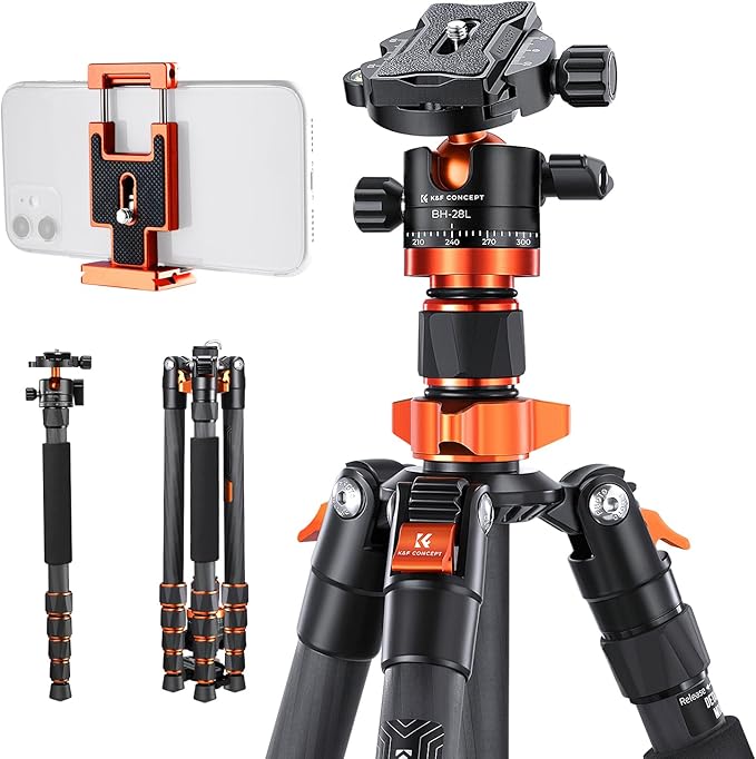 K&F Concept 68" Carbon Fiber Camera Tripod,Compact Tripods with Metal Ball Head,Quick Release Plate,Detachable Monopod 22lbs Load for DSLR Cellphone Tripods(SA255C1) D255C4+BH-28L