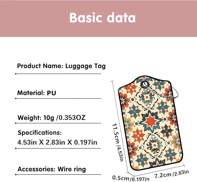 Luggage Tags for Suitcases, 2-Pack PU Leather for Cruise & Travel, Baggage ID Tags with Privacy Cover & Address Card, Durable Metal Ring, Kids Adults Travel Accessories, Vintage Tilework