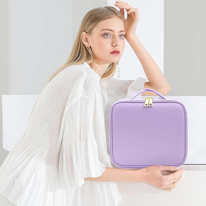 Travel Makeup Bag with Lighted Mirror, Makeup Organizer Bag with 3 Color Modes Adjustable Brightness, Makeup Bag with Mirror and Lights Portable Cosmetic Bag Tools Accessories Gift (Purple)