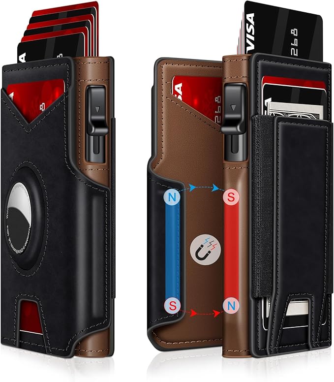 Airtag Wallet for Men, Minimalist Slim Mens Wallet Smart Pop Up Credit Card Holder for 9-13 Cards, RFID Blocking Wallet with ID Window & Cash Slot, Compact Bifold Metal Aluminum Card Case