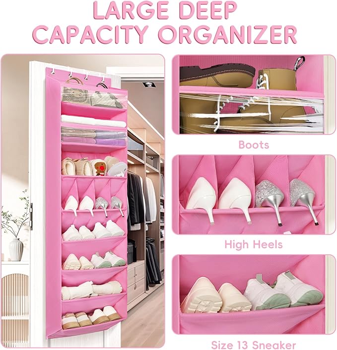FENTEC 1 Pack 8 Shelves Over The Door Shoe Organizer,68" Exlarge Deep Pockets Hanging Shoe Organizers, Shoe Rack for Closet, Shoe Holder for Boots,Over Door Organizer in Home, RV, Dorm, Pink