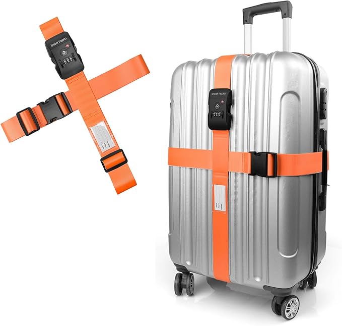 Travel Inspira Luggage Straps for Suitcases Travel Belt for Luggage TSA Approved Luggage Straps, Suitcase Straps 3-Dial Combination Locks Adjustable Suitcase Belt, Quick-Release Buckle (Orange)