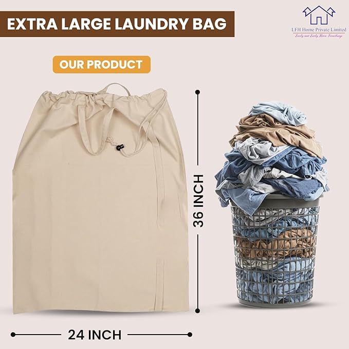 LFH Home Cotton Canvas Extra Large Laundry Bag with Handle, Heavy Duty Drawstring Closure Washable Laundry Bags School Travel, Home, Hotel, College Dorm, Organizer Sack, Toys Clothes 24x36-Natural
