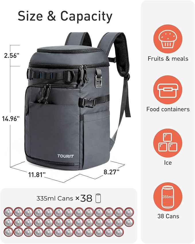 TOURIT 38 Cans Backpack Cooler: Leak Proof Waterproof 2 Insulated Compartments Soft Cooler Bag Beach Travel Camping Picnic