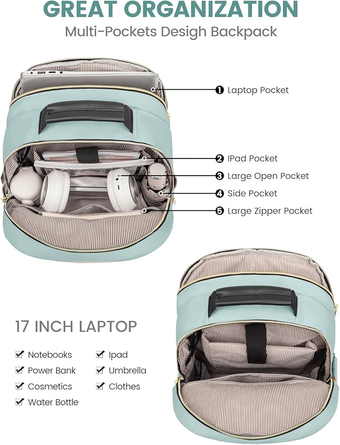 LOVEVOOK Laptop Backpack for Women, Travel Computer Work Bags with 17-inch Laptop Compartment, College School Student Bag Teen Backpacks For Girls, Outdoor Carry On Backpack Purse, Mint Green