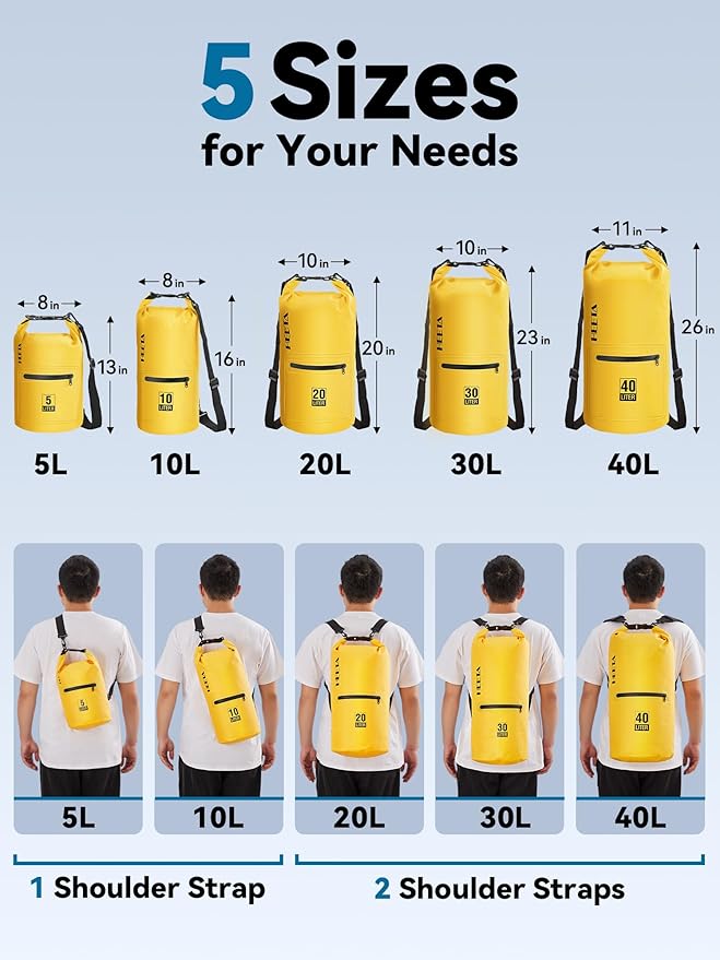 HEETA Waterproof Dry Bag with Front Zippered Pocket for Women Men, 5L/10L/20L/30L/40L Roll Top Lightweight Dry Storage Bag Backpack for Travel, Kayaking, Boating, Rafting, Camping, Hiking & Beach