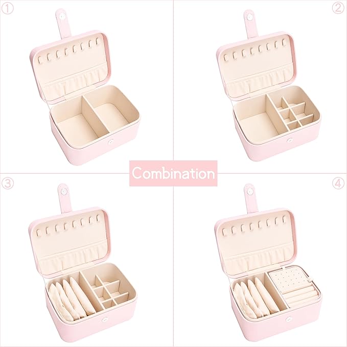 2 Layer Portable Jewelry Box, Large Jewelry Travel Case with 4 Jewelry Pouches, Medium Size Jewelry Organizer Box for Earrings, Necklaces, Bracelets (light pink)
