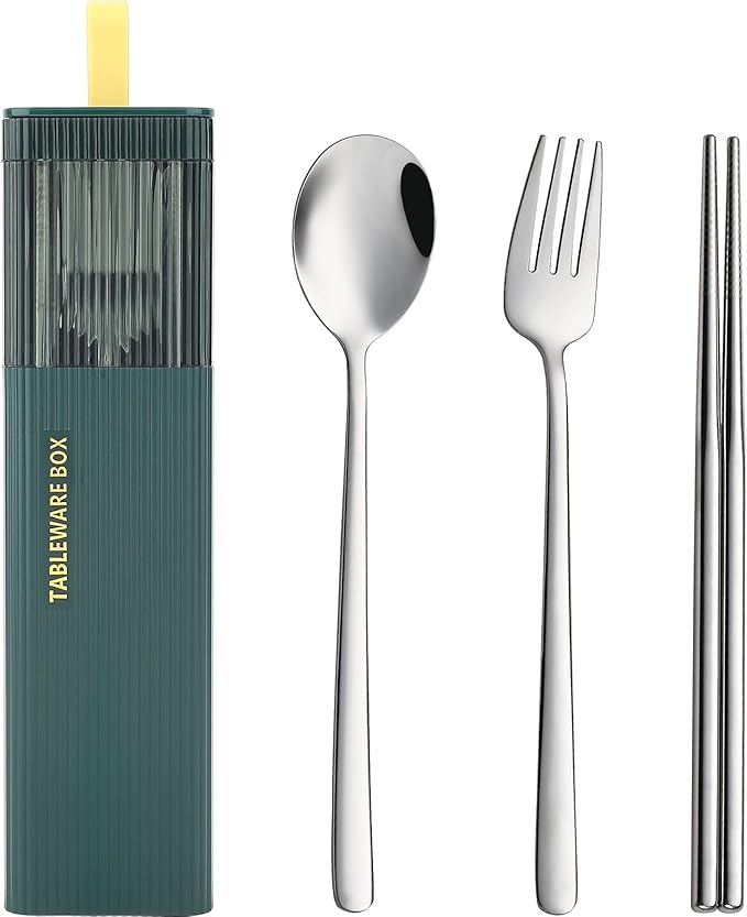 DEVICO Travel Utensils with Case, 18/8 Stainless Steel Reusable Silverware Set for Lunch Box, Portable Cutlery Set, Fork and Spoon Set for Camping, Lunch, Picnic, Workplace, School (Dark Green)