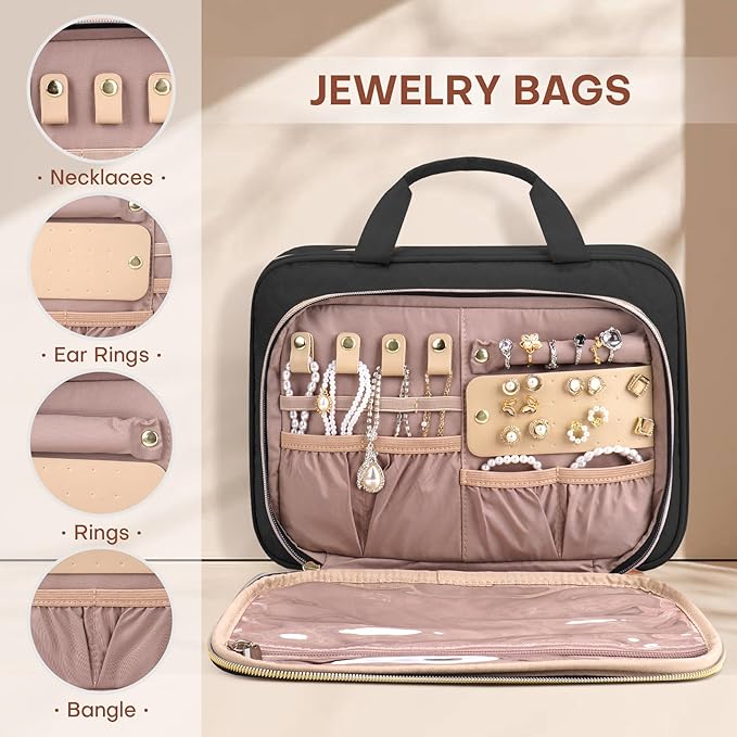 8L Travel Toiletry Bag with Jewelry Organizer for Women - 2.1 GAL Water-resistant Makeup Cosmetic Bag With Hanging Hook for Accessories Shampoo Full-size Container, Black