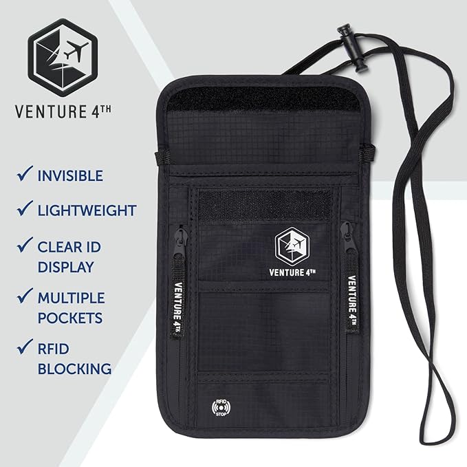 VENTURE 4TH Passport Holder Neck Wallet with RFID Blocking Nylon Lining - Hidden Neck Pouch for Travel (Pure Black)