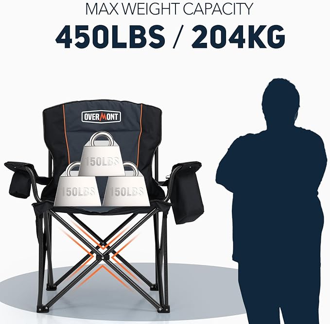 Overmont Oversized Folding Camping Chair - 450lbs Support with Padded Cushion Cooler Pockets - Heavy Duty Collapsible Chairs for Sports Garden Beach Fishing