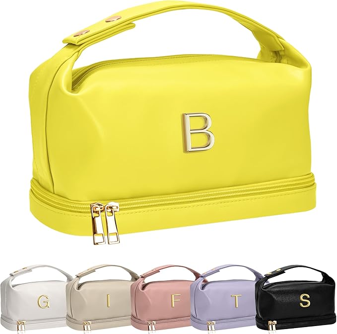 Gifts for Women, Makeup Bags with Handle, Initial Double Layer Cosmetic Bag with Makeup Brush Organizer, Cute Cosmetic Pouch for Women, Bridesmaid Proposal Gifts Graduation Gifts for Her