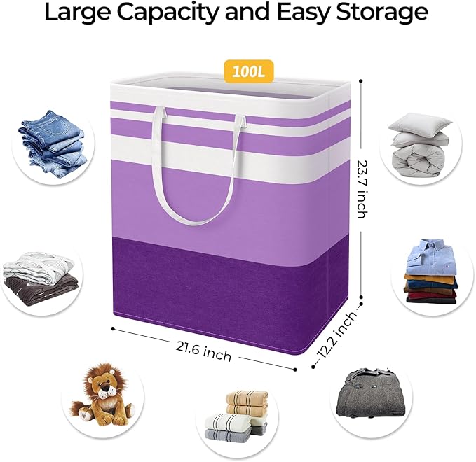 HomeHacks 2 Pack Large Laundry Baskets, Waterproof, Freestanding Laundry Hampers, Collapsible Clothes Hamper with Reinforced Handles in Laundry, College Dorm, Bathroom, Bedroom (Purple, 100Lx2)