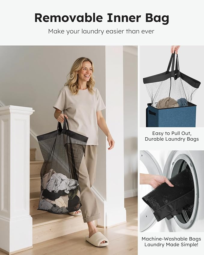 SOLEDI Slim Laundry Hamper with Lid, Narrow Laundry Basket with Removable Bags, Dirty Clothes Hamper with handle, Small Hamper perfect for Laundry room, Bathroom, Bedroom, Small spaces. 70L Blue