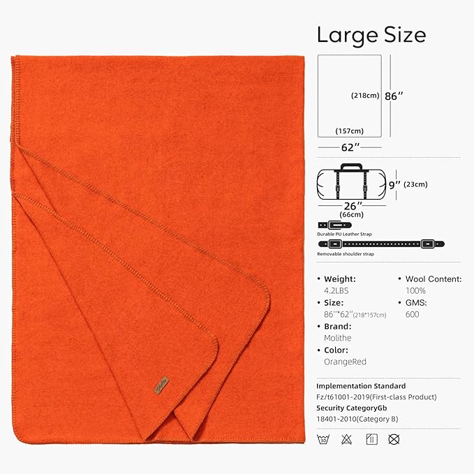 100% Wool Blanket, 62" x 86", Warm, Thick, Washable, Military Wool Blanket, Great for Camping, Outdoors, Sporting Events, Survival Kits, OrangeRed