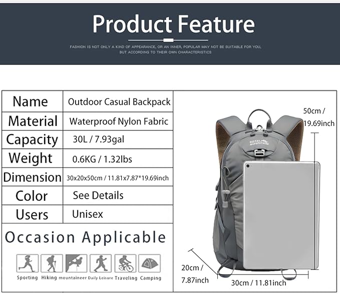 Hiking Backpack 30L Foldable Travel Daypack For Women Men,Camping Daypack Backpacks Lightweight,Durable Hiking Backpack Fit For Hiking,Daily Commuting,Short Trips.(With Rain-cover)