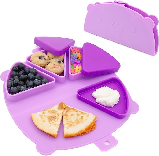 On-The-Go Snack Mat – Baby Silicone Travel Dining Placemat – Portable Silicone Toddler Plate – Reusable Snack Container with 3 Compartments and Lids for 6 Months + (Plum)
