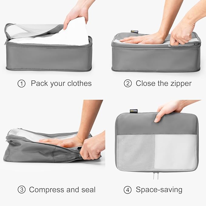 5 Set Compression Packing Cubes for Travel, Space Saving Luggage Organizer Bags (Silver)