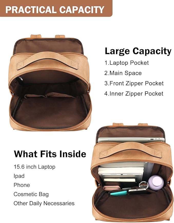 MASINTOR 15.6 inch PU Leather Laptop Backpack Purse for Women, Large College Casual Backpack Travel Bag Retro Camel
