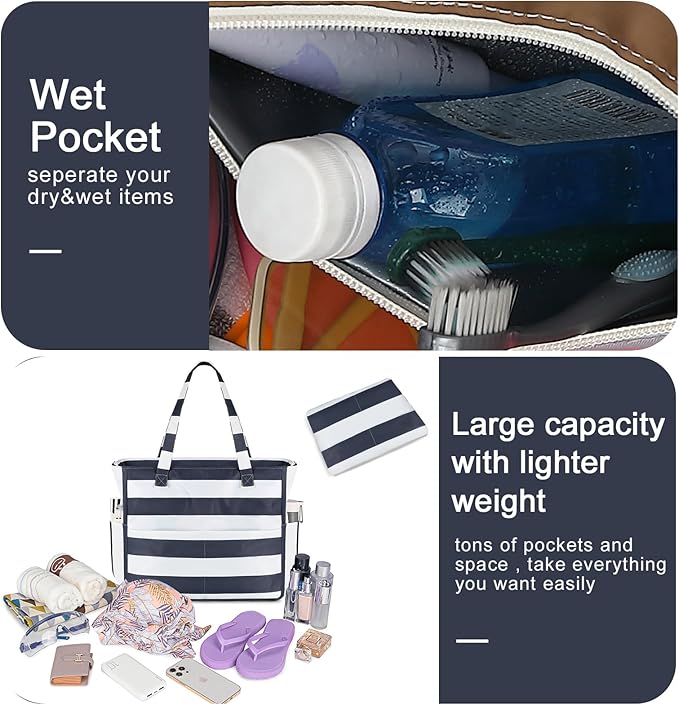 Waterproof Beach Tote Pool Bags for Women Ladies Extra Large Gym Tote Carry On Bag With Wet Compartment for Weekender Travel