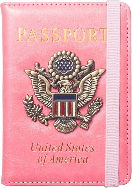 Passport Holder for Travel Women, RFID Blocking Passport Wallet Cover Case, Waterproof Leather Travel Wallet, Document Protector for Traveling Accessories-Hot Pink