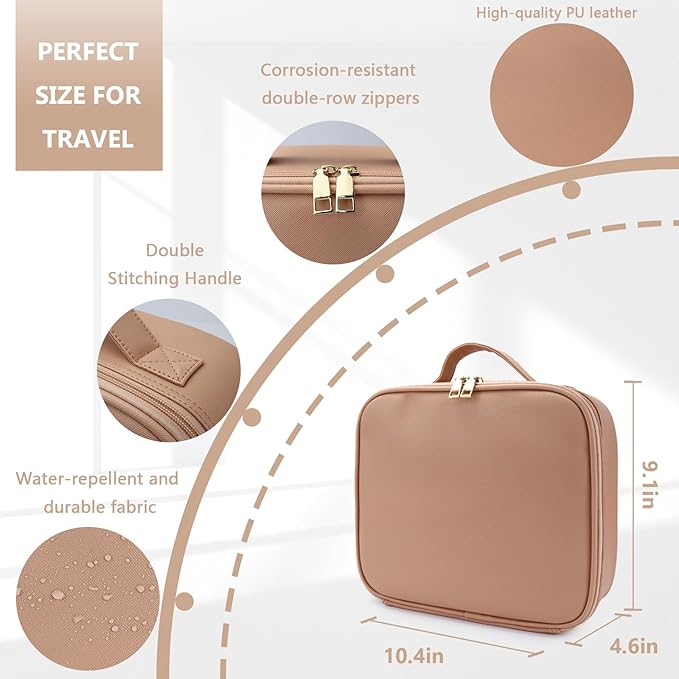 Travel Makeup Bag for Makeup Artists Large Makeup Case,with Mirror 3 Color Setting and Detachable 10x Magnifying Mirror Travel Makeup Bag,Portable Storage and Adjustable Dividers（khaki）