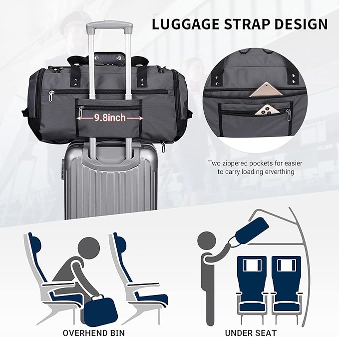 WITZMAN Travel Duffel Bags for Men Large Carry On Weekender Overnight Bag 3 in 1 Backpack with Shoe Compartment （B693 Silvery Grey)