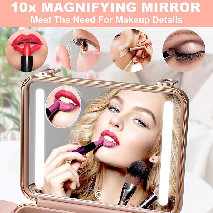 Mocado Travel Makeup Case with Lighted Mirror, Makeup Box with 8 Makeup Brushes and 10x Magnifying Mirror, Adjustable Brightness Makeup Train Case with Makeup Brushes Divider(Rose Gold)
