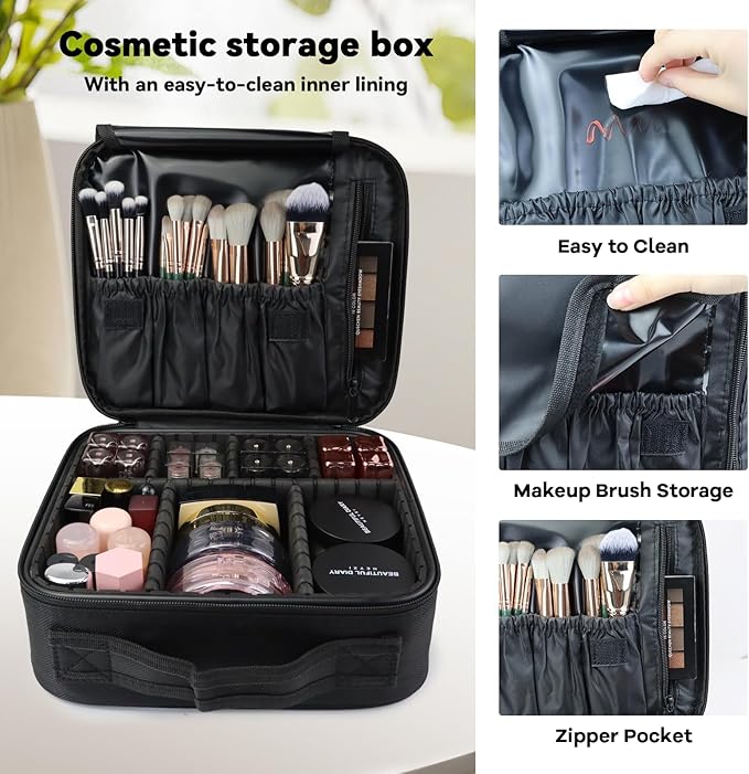 Travel Makeup Bag Makeup Cosmetic Train Case Organizer Portable Storage Bag with Adjustable Dividers for Cosmetics Makeup Brushes Toiletry Jewelry Black