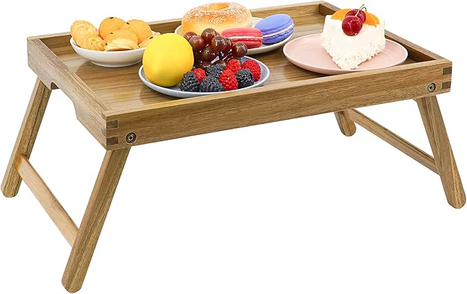 VaeFae Acacia Bed Table Tray, Wooden Breakfast Tray with Folding Legs, Bed Tray for Eating and Laptop, Eating Trays for Bedroom