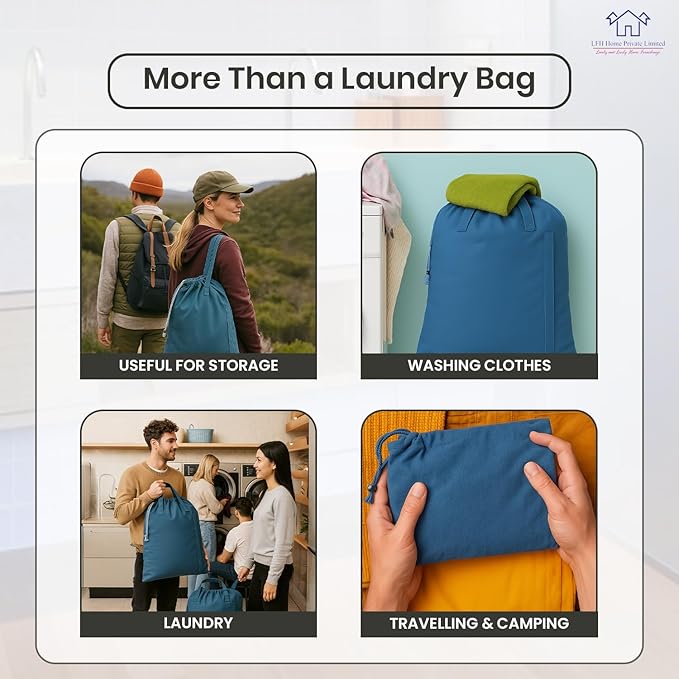 LFH Home Cotton Canvas Large Laundry Bag with Handle, Heavy Duty Drawstring Closure Washable Laundry Bags, School Travel, Home, Hotel, College Dorm, Organizer Sack, Toys Clothes 24x36-Sky Blue