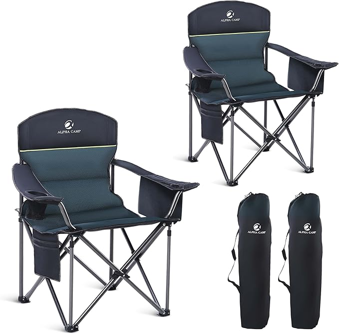 HIGH POINT SPORTS Oversized Camping Folding Chair, Heavy Duty Portable Outdoor Chair, Foldable Camp Chair with Cup Holder and Cooler Bag Support 450 LBS, 2 Pack, Green