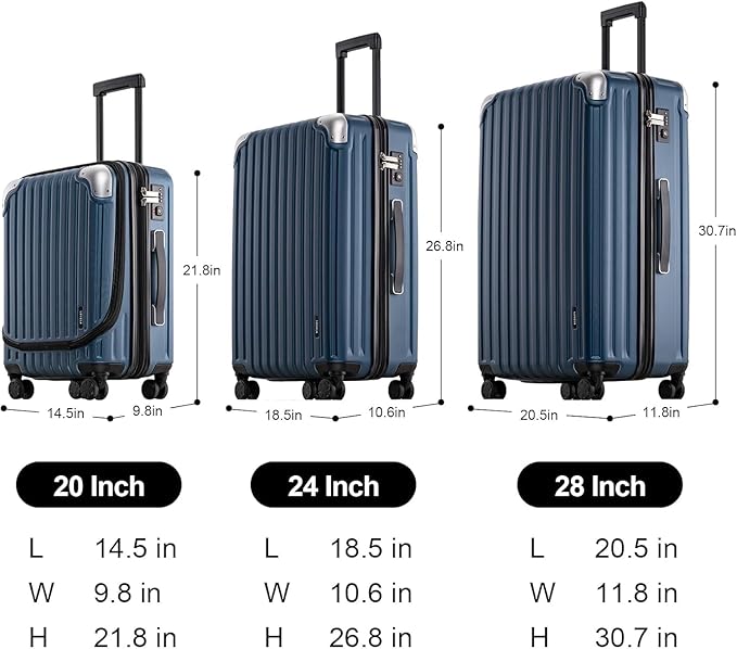 LEVEL8 Grace Luggage Sets Hardshell Suitcase with Wheels, Sturdy Large Suitcase Tsa Lock 20 Inch Expandable Carry on 24 Inch 28 Inch Checked Luggage, 3-Piece Set (20/24/28), Blue