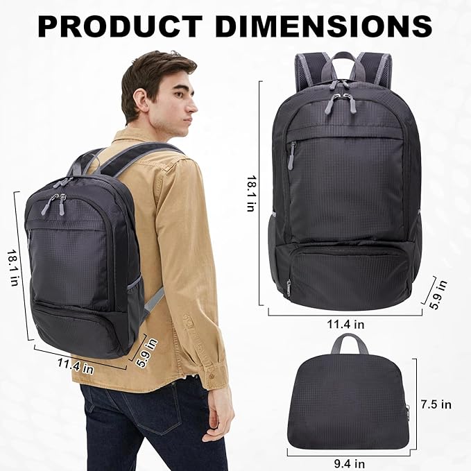 HOLYLUCK 20L lightweight packable Hiking Daypack Foldable Backpack for Men Women Small Travel Outdoor Foldable Shoulder Bag-black