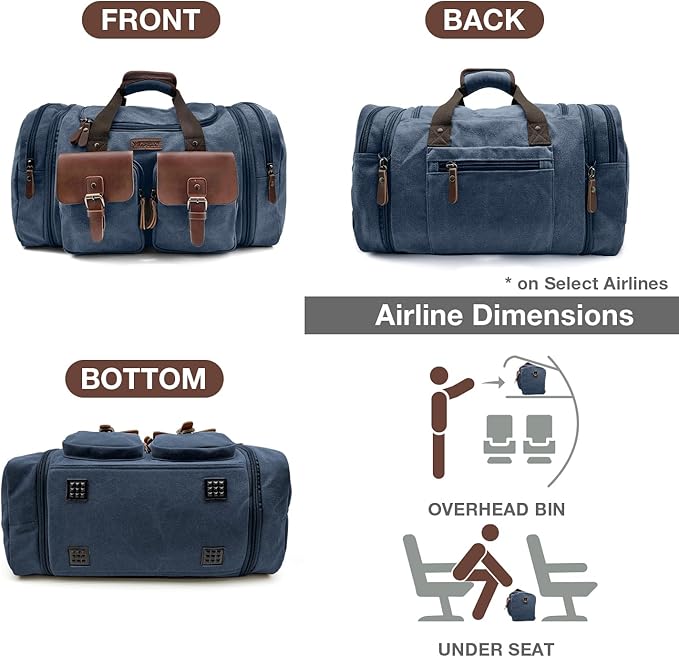 Wildroad 50L Travel Duffel Bag, Expandable Canvas Genuine Leather Duffle Bag Upgraded Overnight Weekender Carry on Bag (Navy Blue, Large-50L)