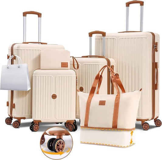 Hoteel 6 Piece Luggage Set with Spinner Wheels (4-YEAR WARRANTY), Carry on Luggage for Travel with TSA Lock, ABS+PC Hardshell Suitcase Set, 16"/20"/24"/28"+Duffel Bag+Cosmetic Bag(Beige)