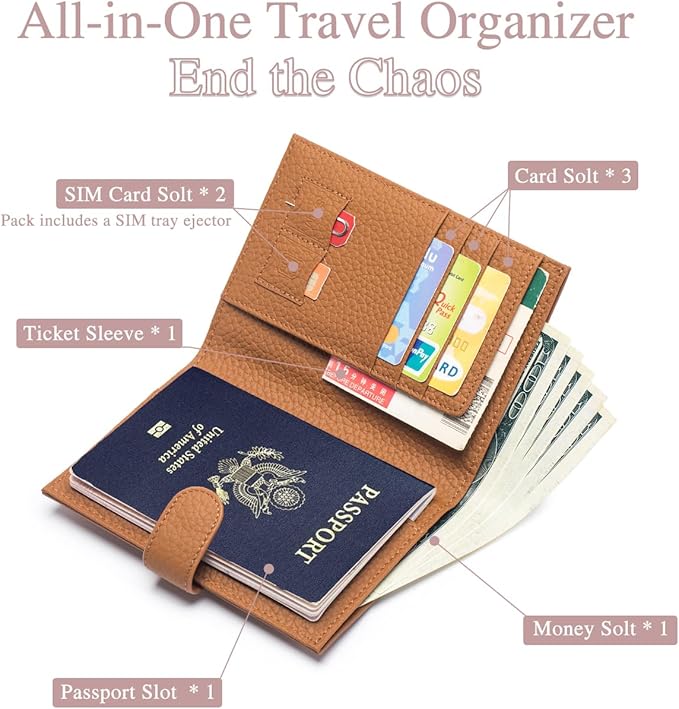 Leather RFID Passport Holder for Travel – Slim Passport Wallet for Women & Men with Card Slots, Zippered Coin Pocket, SIM Slot – Cash Slot Compact Travel Wallet with Gift Box (Brown)