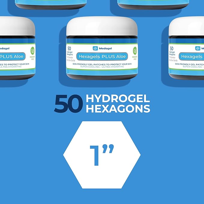 Hexagels Plus Aloe Vera - Advanced Healing Hydrogel Pads for Blister Prevention & Soothing Burn Care - Foot, Heel, Toe, & Ankle Protection, Pack of 50, 1-Inch Patches, by Medagel, Paraben Free Formula