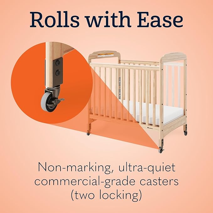 Foundations Serenity Compact Daycare Crib, Fixed Side, Features Mirrorview End Panels and Slatted Side Panels, Durable Wood Construction, Includes 3” InfaPure Foam Mattress (Natural)