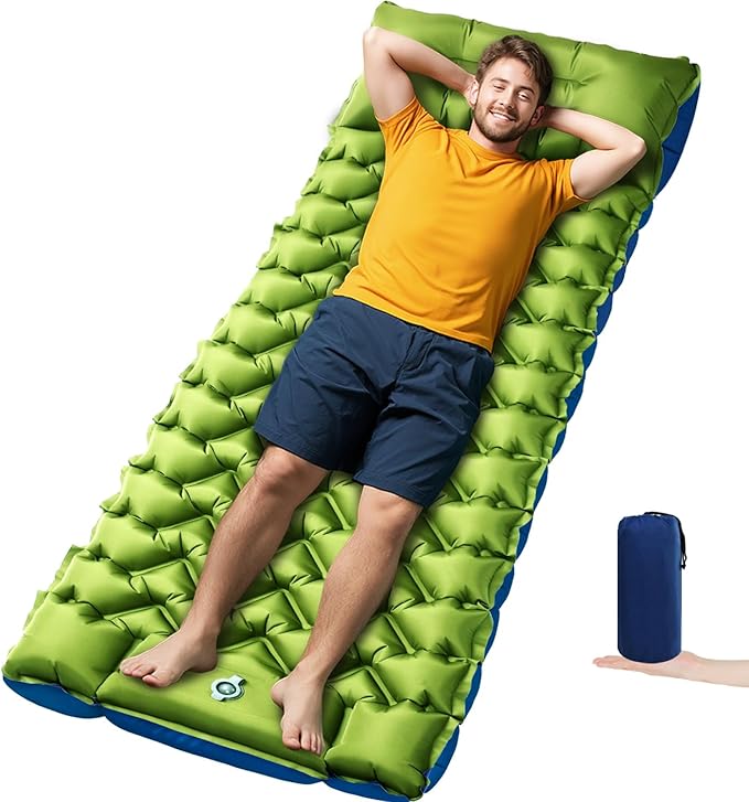 Camping Sleeping Pad, 4in Thick Ultralight Inflatable Camping Mat with Pillow, Built-in Foot Pump Sleeping Mat, Wide Compact Camping Pad for Travel Tent Hiking Backpacking Trip Car Camp Gear
