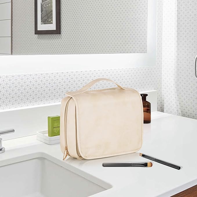 Elviros Hanging Travel Toiletry Bag for Women, 3-in-1 Large Makeup Bag and Cosmetic Organizer, Vegan Leather Waterproof Skincare Case for Travel Size Toiletries and Accessories