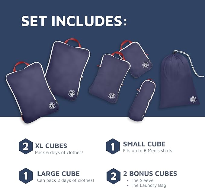 Large Compression Packing Cubes 6 Piece Set for Travel with Lightweight Laundry Bag for Carry-On Suitcase by TRIPPED Travel Gear (Navy)