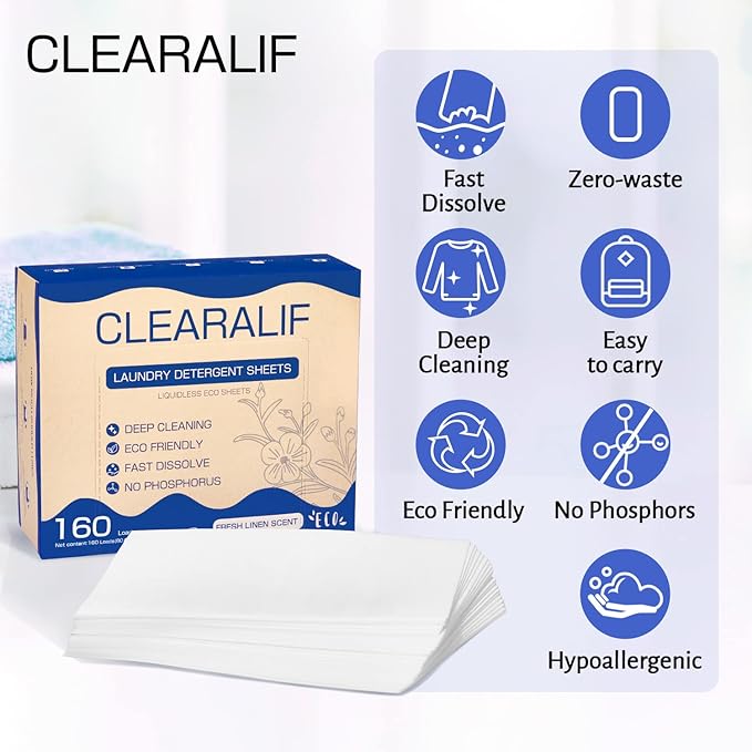 CLEARALIF Laundry Detergent Sheets (480 Loads), Fresh Linen,Great For Travel,Apartments, Dorms,CLEARALIF Laundry Detergent Strips Eco Friendly & Hypoallergenic (Pack of 3)