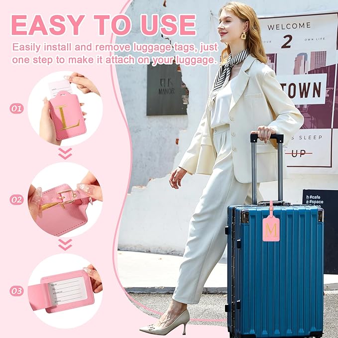 Personalized Initial Luggage Tags for Suitcase, Pink Leather Cute Luggage Tags with Privacy Cover Name Card, Embroidered Custom Monogrammed Luggage Tag Travel Bag Baggage Tags Gifts for Women Kids(M)