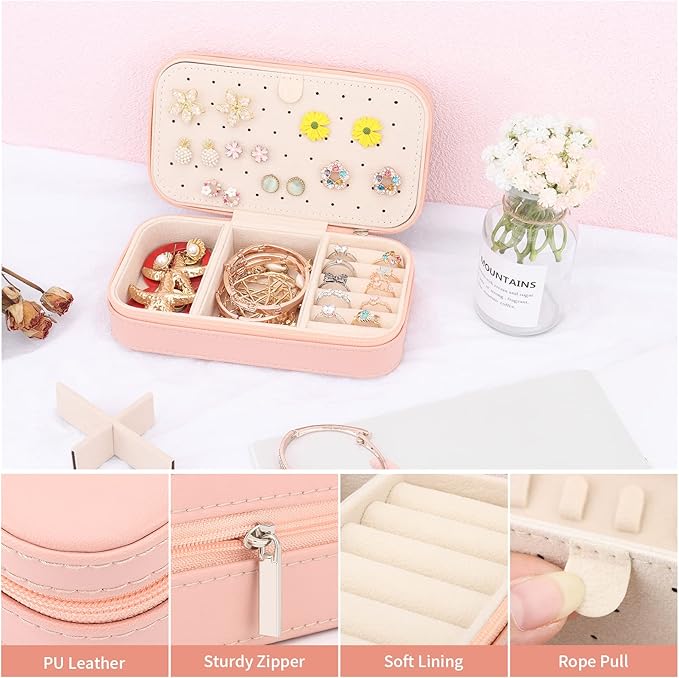 DesignSter Travel Jewelry Box, PU Leather Portable Jewelry Case, Small Jewelry Boxes for Gifts, Travel Jewelry Organizer for Women Rings Earrings Necklaces Bracelets (Dusty Pink)