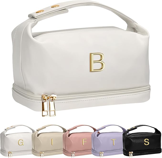 Monogrammed Gift for Women Girls, Initial Makeup Bag, Personalized Double Layer Cosmetic Bag with Makeup Brush Organizer, Large Capacity PU Leather Travel Toiletry Bag, Sister Gifts