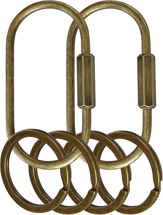 Key Chain, Brass Key Rings 2 Pack Screw Lock Key Organizer with 4 Rings Carabiner Keychain Clip for Men and Women