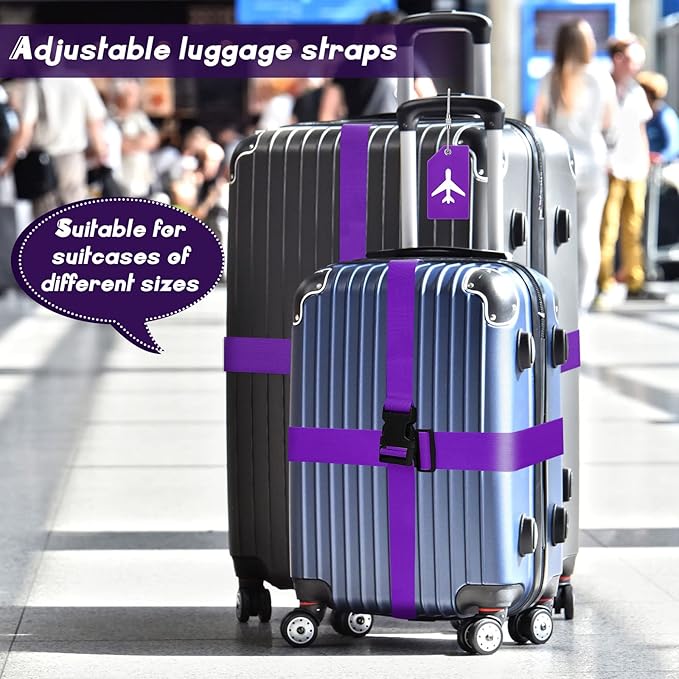 Weewooday 8 Pcs Luggage Straps Suitcase Tags Set for TSA Approved, 4 Travel Adjustable Suitcase Belt, 4 Silicone Luggage Tags with Name ID Card Travel Accessories(Dark Purple,Airplane)