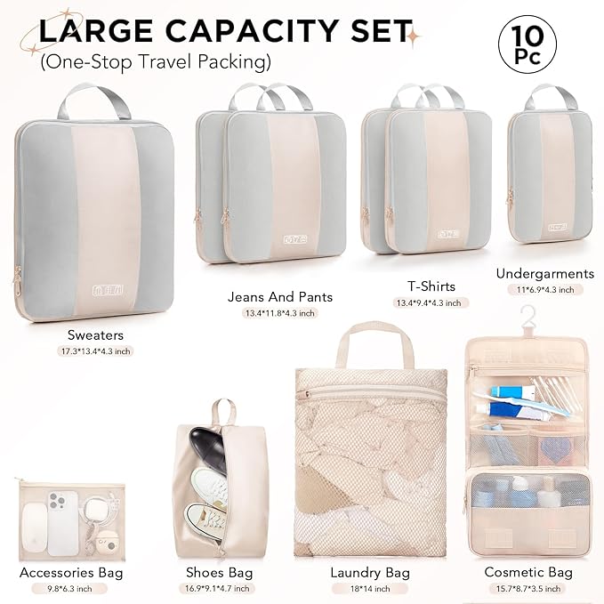 10 Set Compression Packing Cubes for Travel Women Mom,OlarHike Luggage Clothes Storage Gifts for Travelers,Airplane/Cruise/Car/Train Travel Essentials,Compressible Expandable Saver Space Bags(Beige)